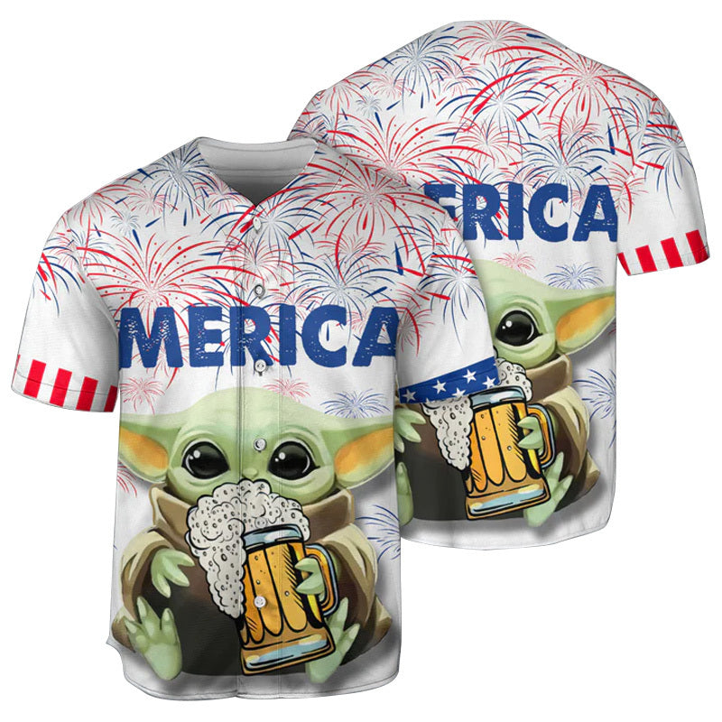 SW Baby Yoda With Beer Fireworks Merica Baseball Jersey