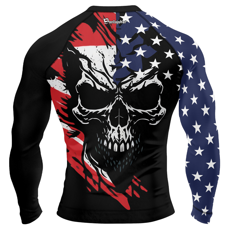 USA Flag Skull Men's Long Sleeve Rash Guard | Patriotic Rash Guard