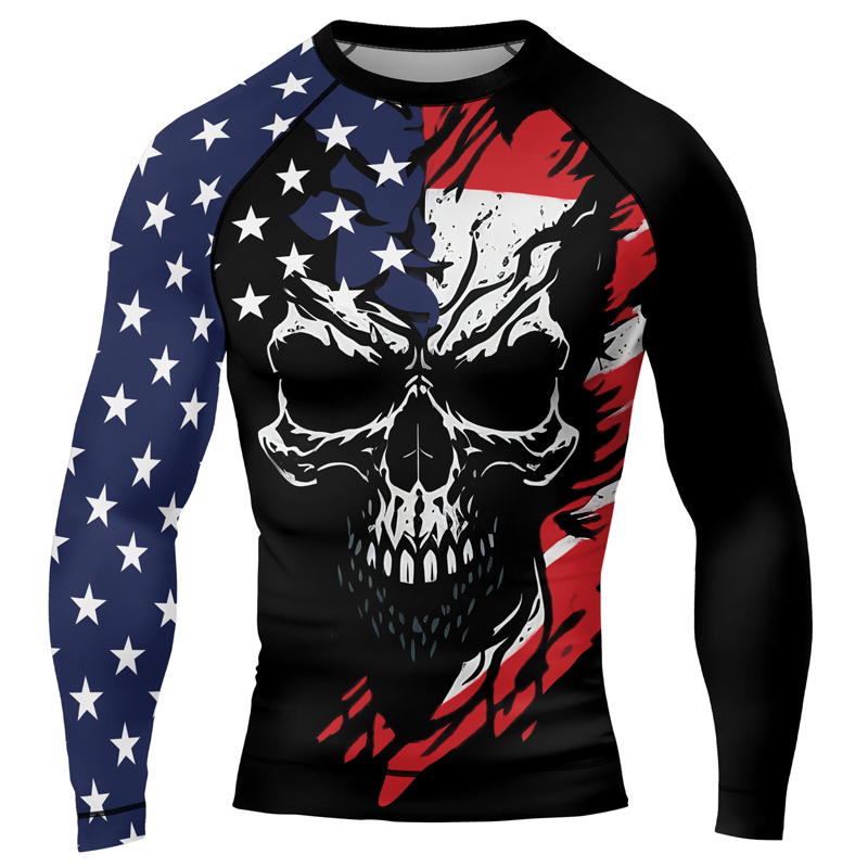 USA Flag Skull Men's Long Sleeve Rash Guard | Patriotic Rash Guard