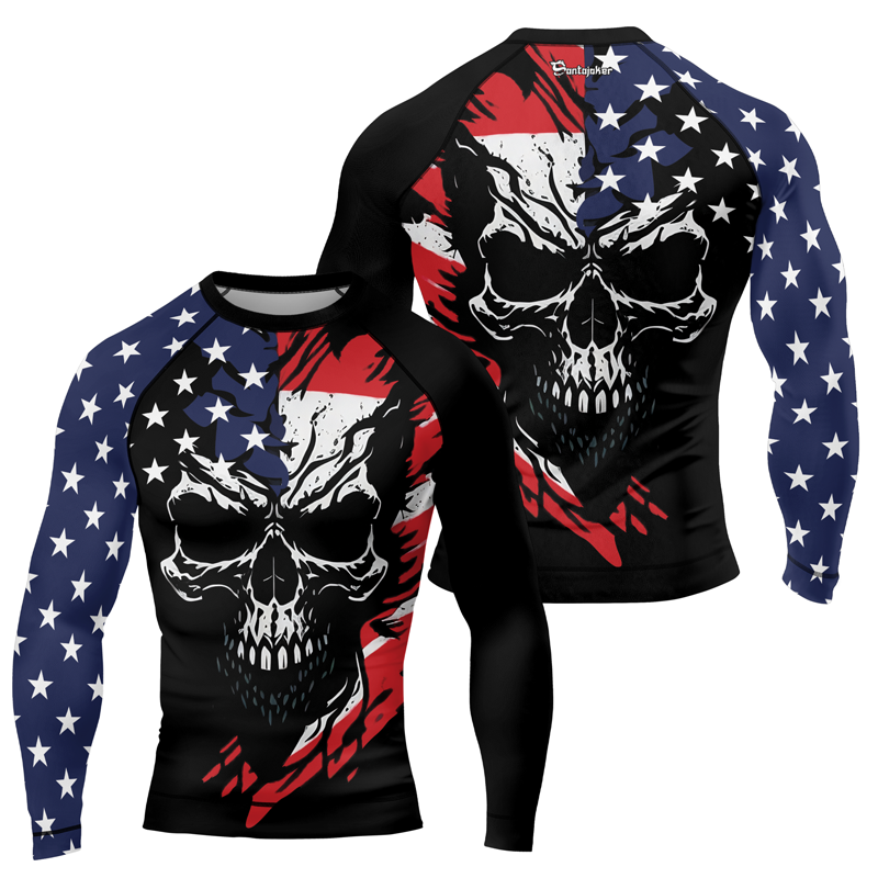 USA Flag Skull Men's Long Sleeve Rash Guard | Patriotic Rash Guard