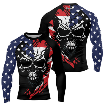 USA Flag Skull Men's Long Sleeve Rash Guard | Patriotic Rash Guard