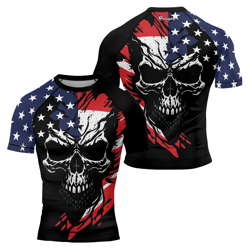 USA Flag Skull Men's Short Sleeve Rash Guard | Patriotic Rashguard