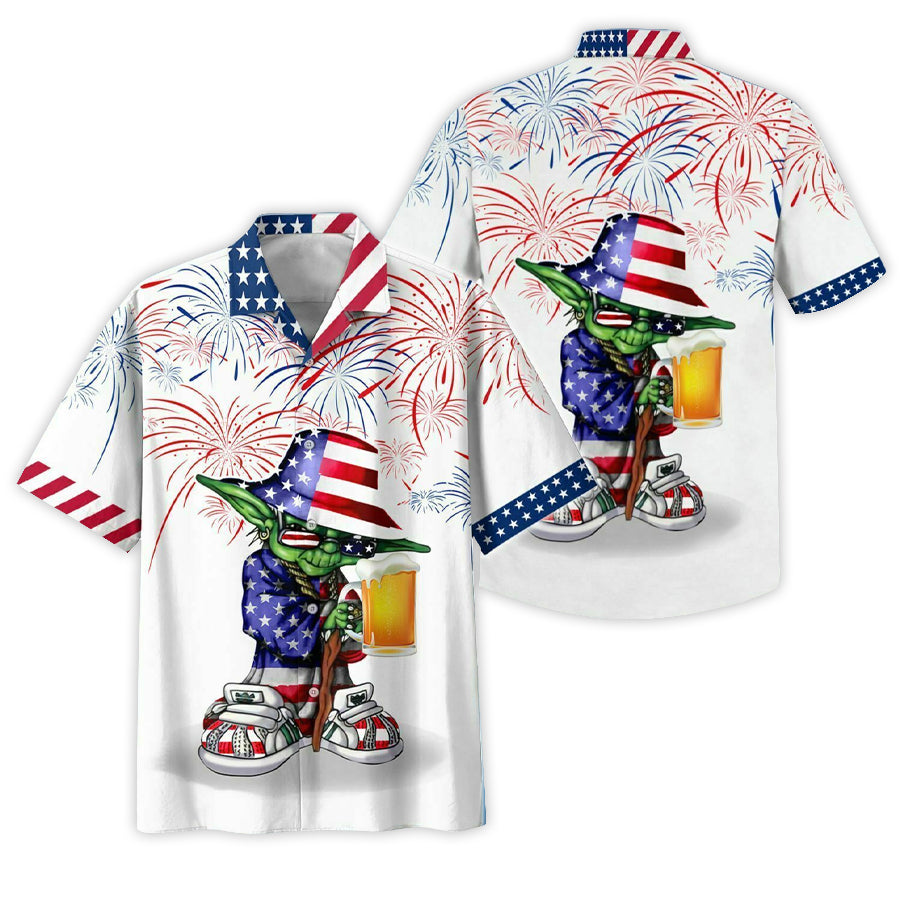 Yoda Fireworks American Flag Hawaiian Shirt
