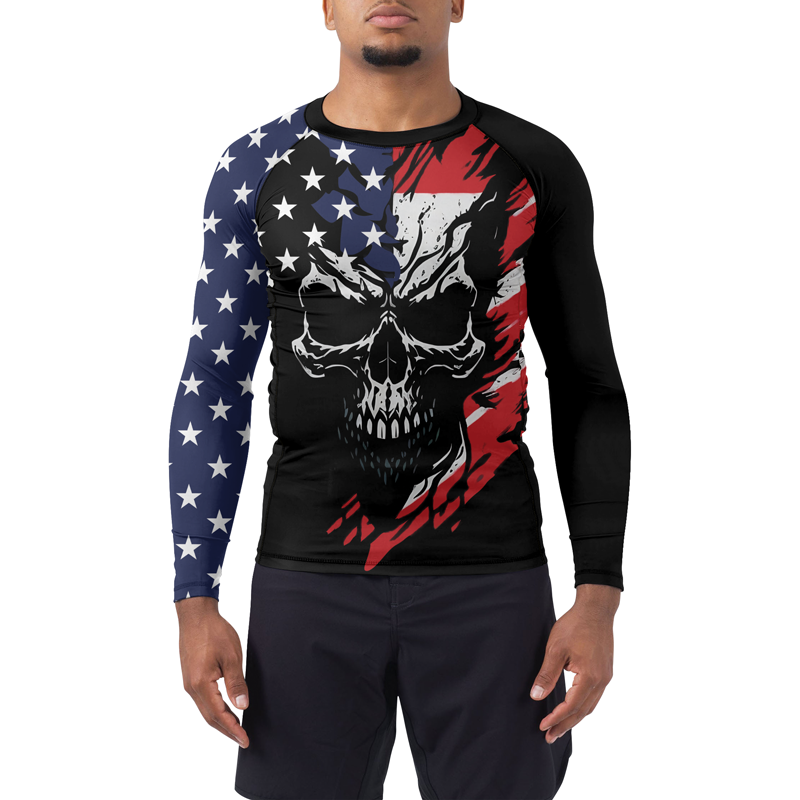 USA Flag Skull Men's Long Sleeve Rash Guard | Patriotic Rash Guard