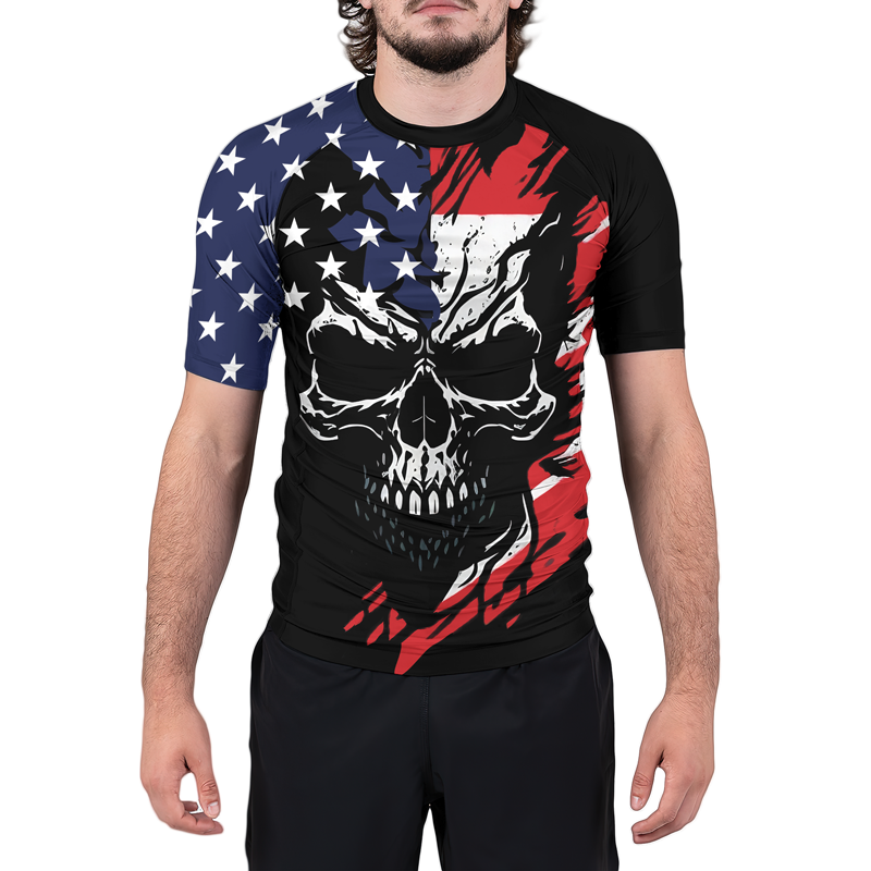 USA Flag Skull Men's Short Sleeve Rash Guard | Patriotic Rashguard