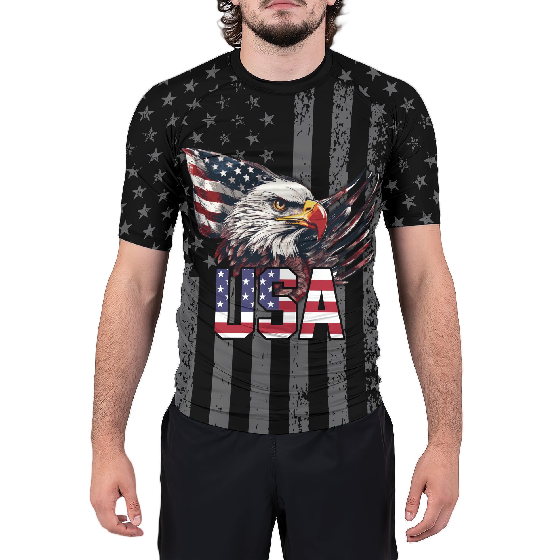 USA Flag Eagle Men's Short Sleeve Rash Guard | Patriotic Rashguard