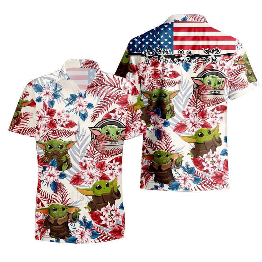 Baby Yoda Tropical Flowers Independence Day Button Shirt