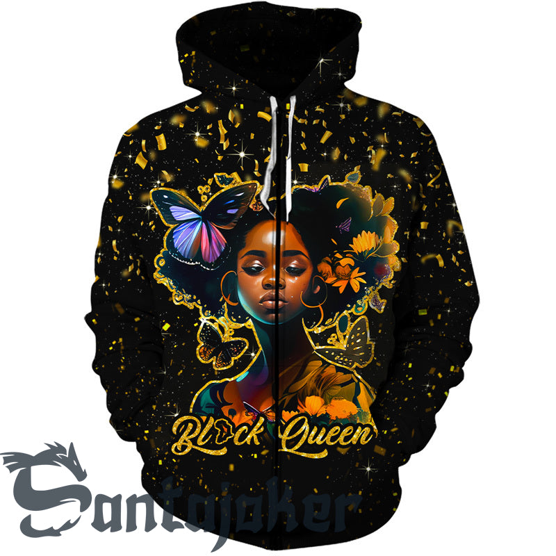 Black Queen With Butterflies Zip Hoodie