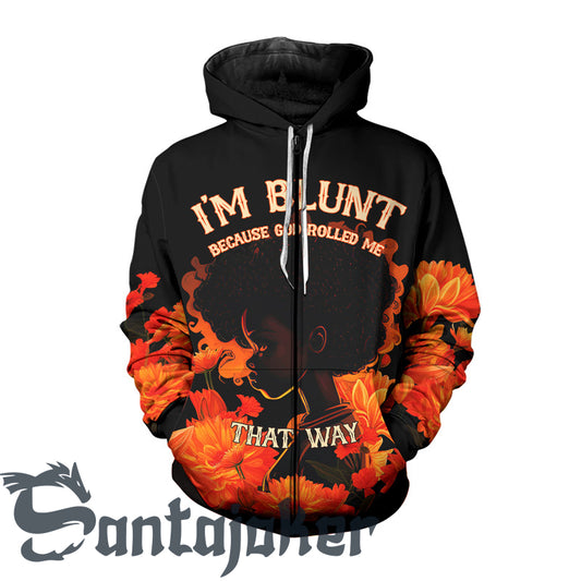 Orange Floral God Rolled Black Girl That Way Zip Hoodie