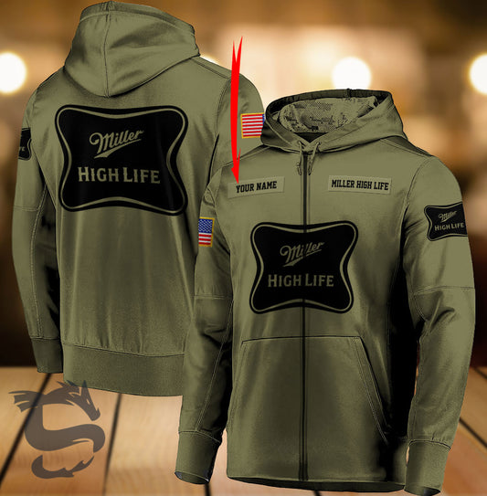 Personalized Military Green Miller High Life Zip Hoodie
