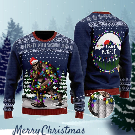 Bigfoot Santa Christmas Tree Lights Hate People Ugly Sweater - Santa Joker
