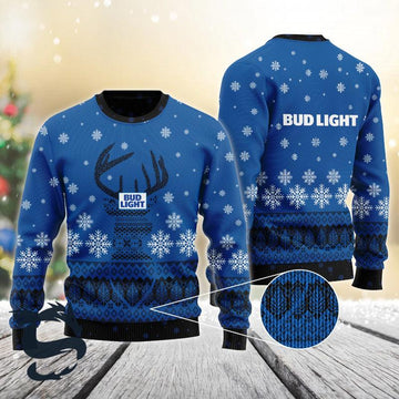 Blue Bud Light Reindeer Snowy Christmas Sweater - Santa Joker