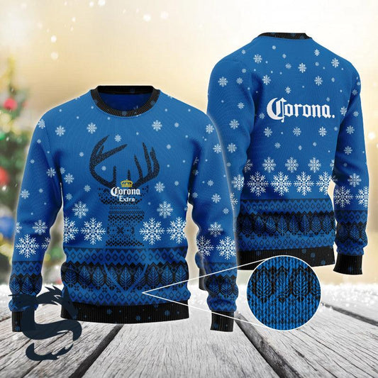 Blue Corona Reindeer Snowy Christmas Sweater - Santa Joker
