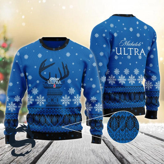 Blue Michelob Ultra Reindeer Snowy Christmas Sweater - Santa Joker