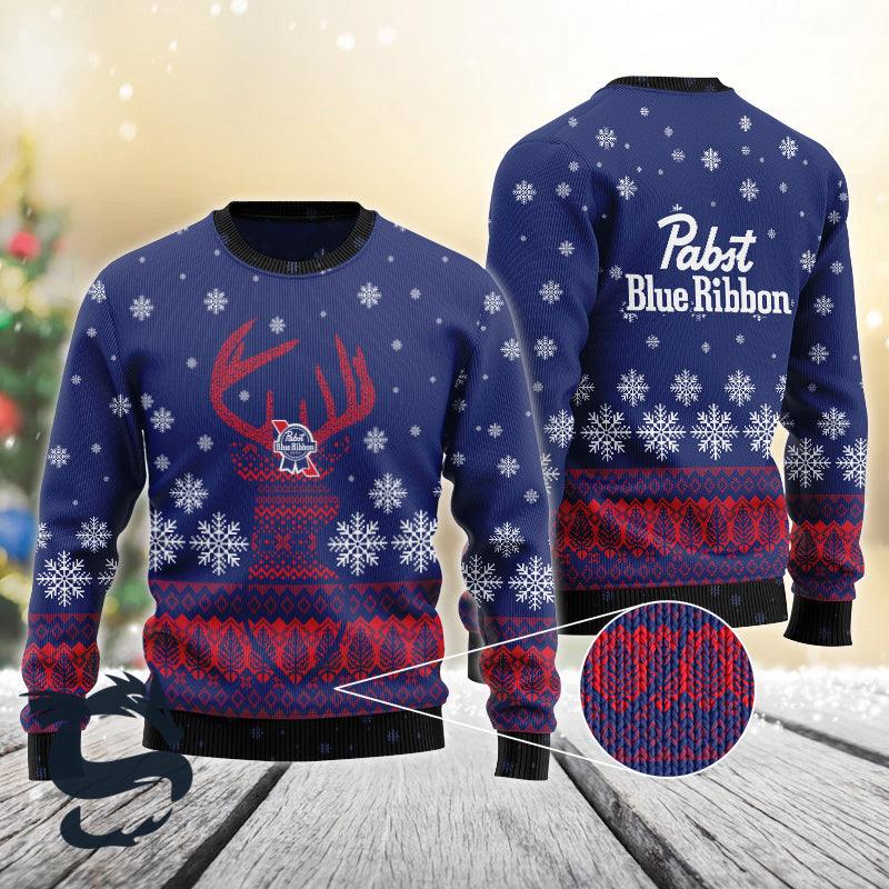 Blue Pabst Blue Ribbon Reindeer Snowy Christmas Sweater - Santa Joker