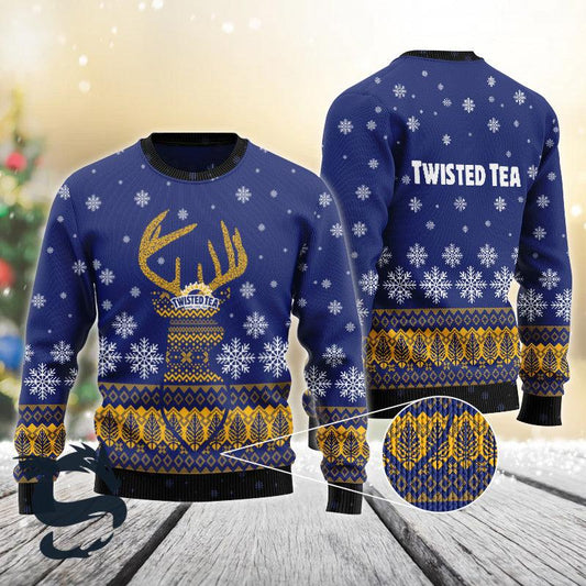 Blue Twisted Tea Reindeer Snowy Christmas Sweater - Santa Joker