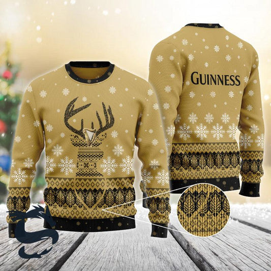 Brown Guinness Reindeer Snowy Christmas Sweater - Santa Joker