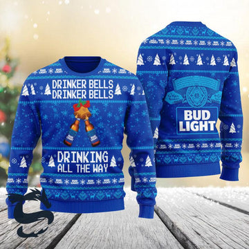 Bud Light Drinker Bells Drinking All The Way Christmas Ugly Sweater - Santa Joker