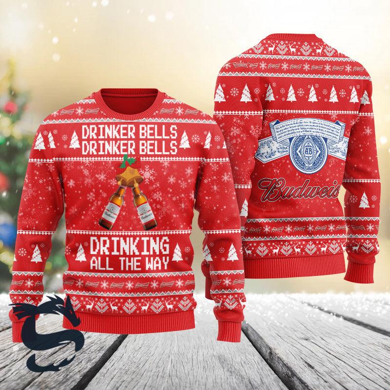 Budweiser Drinker Bells Drinking All The Way Christmas Ugly Sweater - Santa Joker