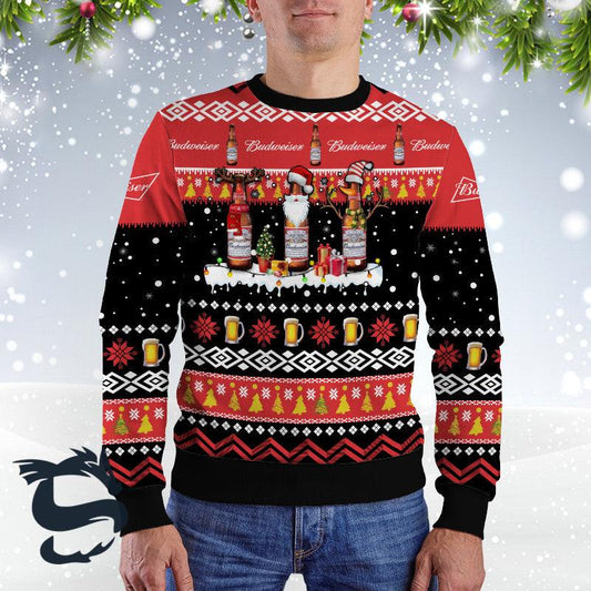 Budweiser Santa Reindeer Snowflake Ugly Christmas Sweater - Santa Joker