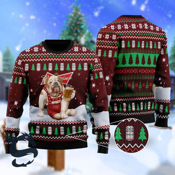 Bulldog Drink Budweiser Beer Ugly Christmas Sweater - Santa Joker