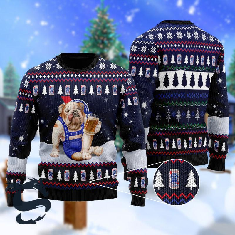 Bulldog Drink Pabst Blue Ribbon Beer Christmas Sweater - Santa Joker