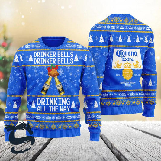 Corona Beer Drinker Bells Drinking All The Way Christmas Ugly Sweater - Santa Joker