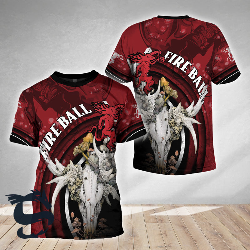 Fireball Deer Skull With Mushrooms T-shirt