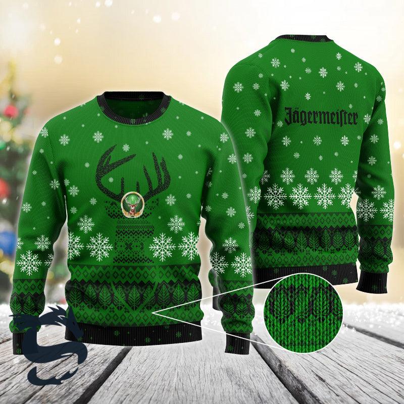 Green Jagermeister Reindeer Snowy Christmas Sweater - Santa Joker