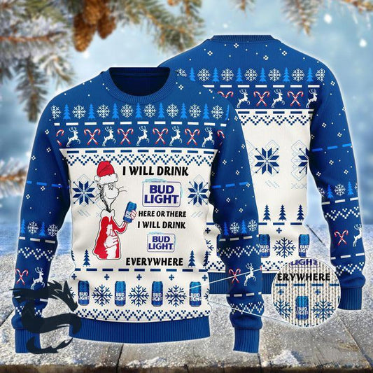 I Will Drink Bud Light Here Or There Christmas Ugly Sweater - Santa Joker