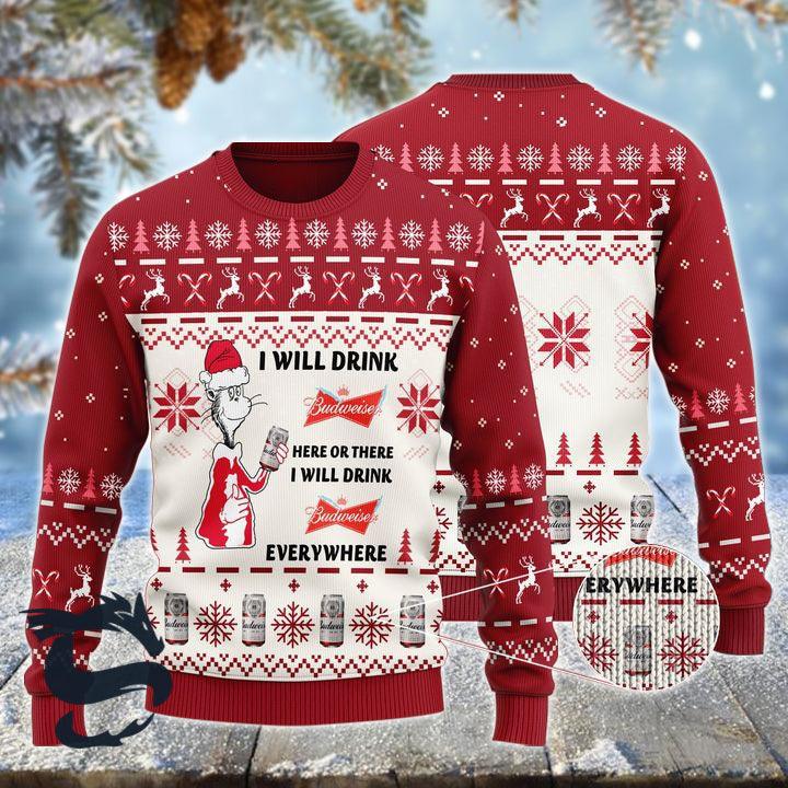 I Will Drink Budweiser Here Or There Christmas Ugly Sweater - Santa Joker