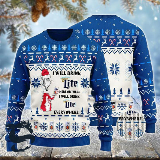I Will Drink Miller Lite Here Or There Christmas Ugly Sweater - Santa Joker