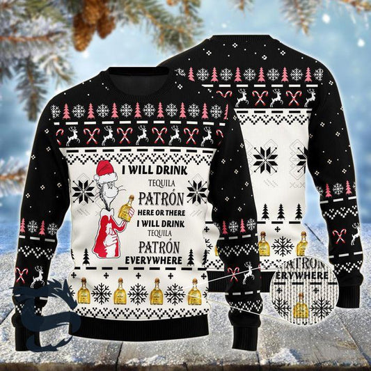 I Will Drink Patron Tequila Here Or There Christmas Ugly Sweater - Santa Joker