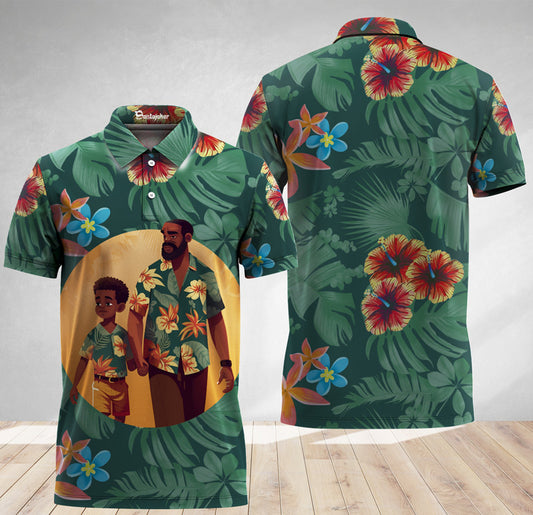 Tropical Flowers Black Dad And Son Polo Shirt