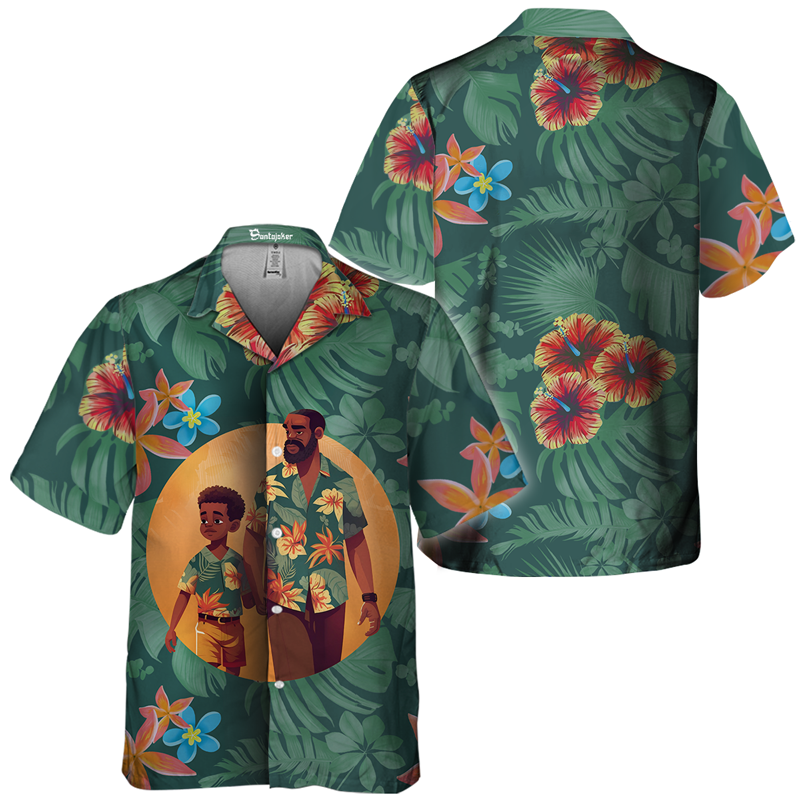 Tropical Flowers Black Dad And Son Hawaii Shirt