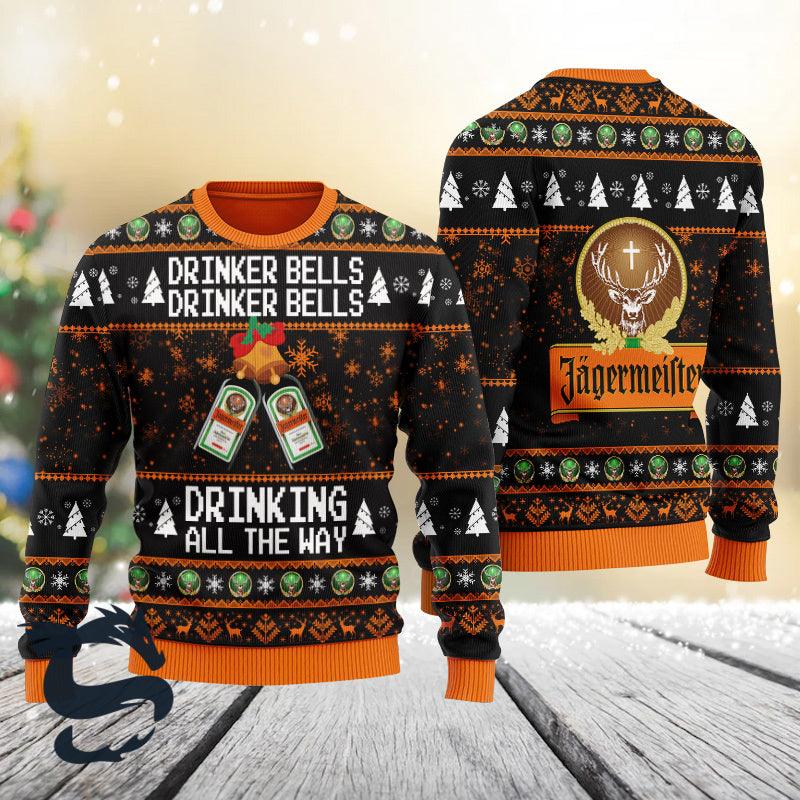 Jagermeister Drinker Bells Drinking All The Way Christmas Ugly Sweater - Santa Joker