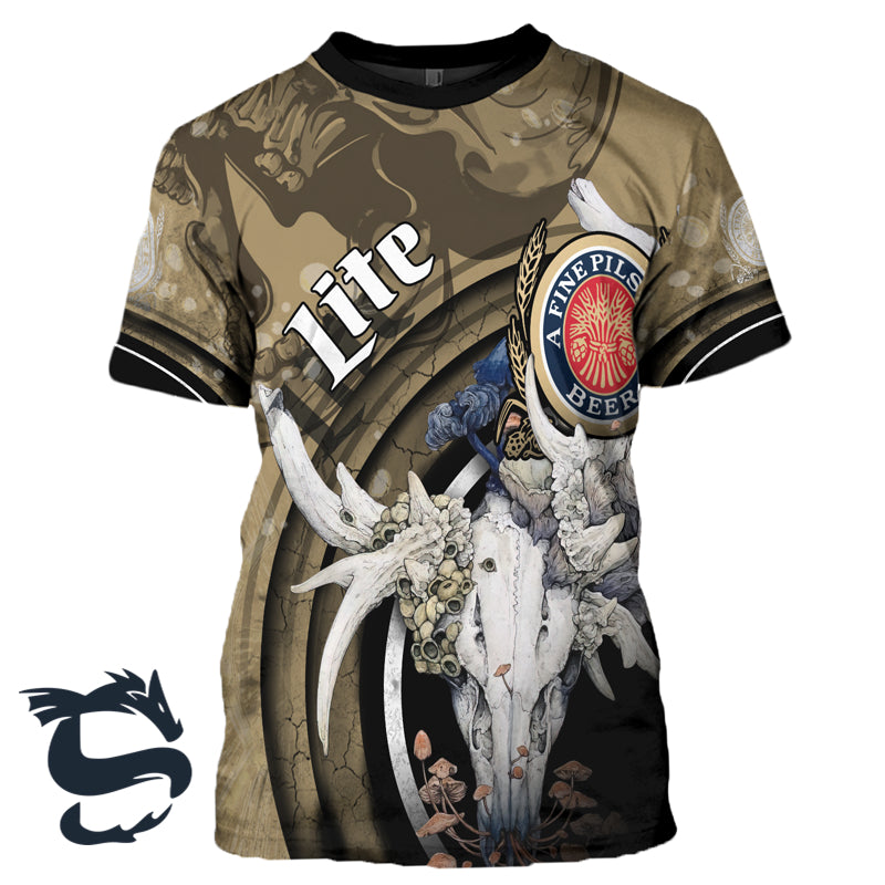 Miller Lite Deer Skull With Mushrooms T-shirt