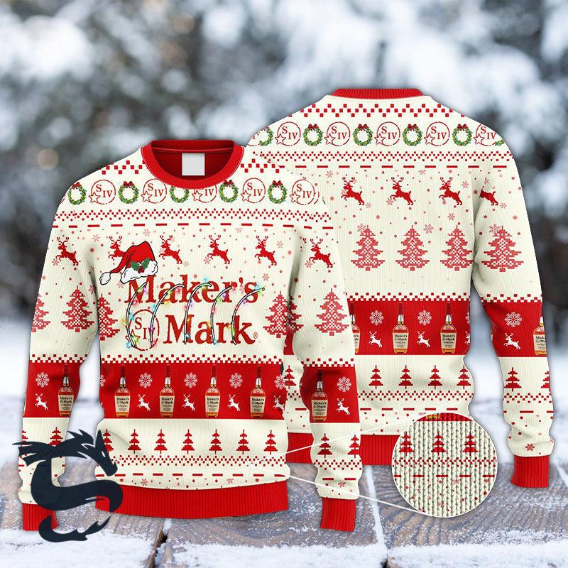 Maker's Mark Whiskey Reindeer Snowy Night Ugly Sweater - Santa Joker