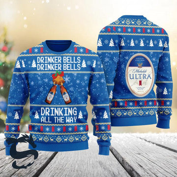 Michelob Ultra Drinker Bells Drinking All The Way  Ugly Sweater - Santa Joker