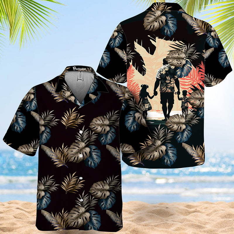 Tropical Plants Black Dad Holding Hands Son And Daughter Hawaii Shirt