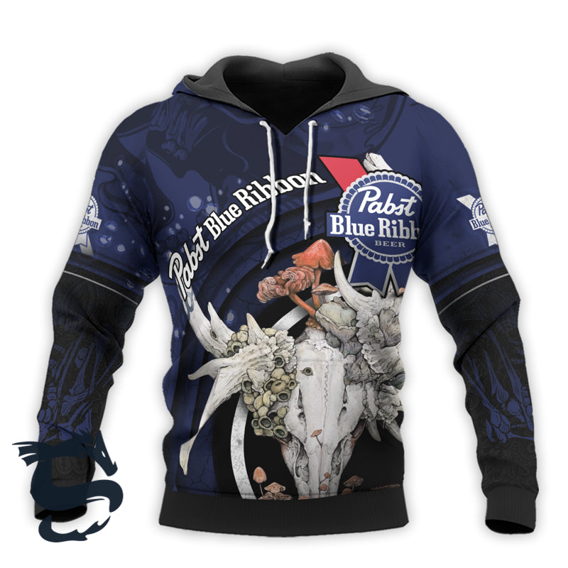 Personalized Pabst Blue Ribbon Deer Skull With Mushrooms Hoodie 