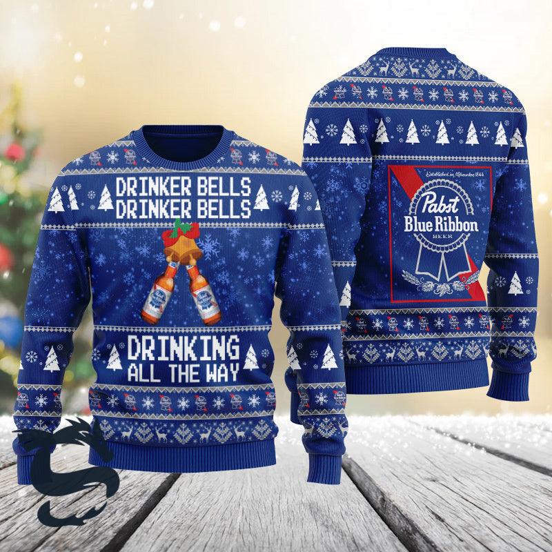 Pabst Blue Ribbon Drinker Bells Drinking All The Way Ugly Sweater - Santa Joker