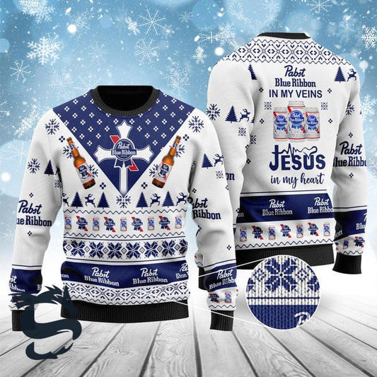 Pabst Blue Ribbon In My Veins Jesus In My Heart Ugly Sweater - Santa Joker