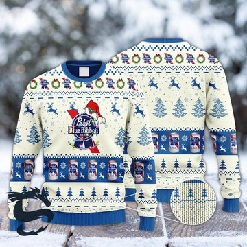 Pabst Blue Ribbon Reindeer Snowy Night Ugly Sweater - Santa Joker