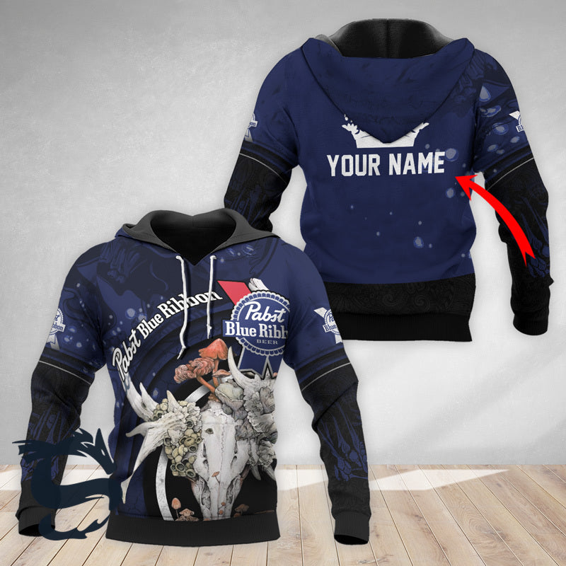 Personalized Pabst Blue Ribbon Deer Skull With Mushrooms Hoodie 