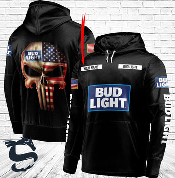 Personalized Black USA Flag Skull Bud Light Hoodie - Santa Joker