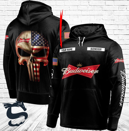 Personalized Black USA Flag Skull Budweiser Beer Hoodie - Santa Joker