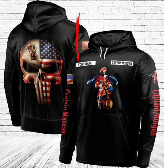 Personalized Black USA Flag Skull Captain Morgan Hoodie - Santa Joker
