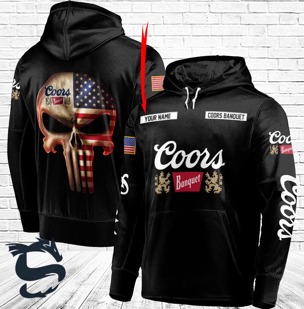 Personalized Black USA Flag Skull Coors Banquet Beer Hoodie - Santa Joker