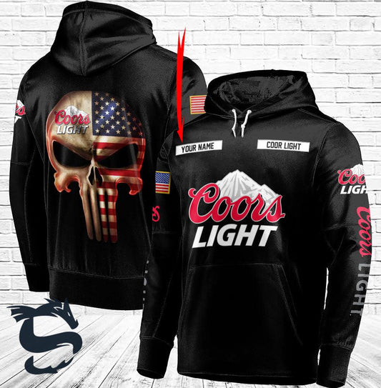 Personalized Black USA Flag Skull Coors Light Beer Hoodie - Santa Joker